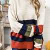 White Buttoned Shoulder Drop Shoulder Striped Sweater