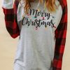 Gray Merry Christmas Plaid Color Block Long Sleeve Sweatshirt