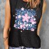 Gray Cherry Blossom Letter Leopard Print Graphic Tank Top