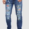 Sky Blue Tropical Flamingo Patches Mens Distressed Jeans