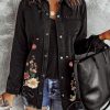 Black Floral Print Buttoned Pocket Distressed Denim Jacket