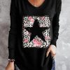 Black Leopard Floral Star Print V Neck Long Sleeve Top