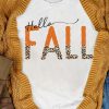 White Hello Fall Leopard Fun Graphic T Shirt