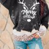 Black Merry Christmas Elk Leopard Color Block Pullover Sweatshirt