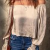 Apricot Off-shoulder Smocked Wrist Long Sleeve Top