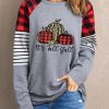 Gray Plaid Striped Sleeve Chic Pumpkin Graphic Pullover