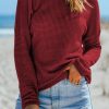 Red Waffle Knit Drop Shoulder Long Sleeve Top