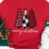 Red Merry Christmas Trees Graphic Print Short Sleeve T Shirt