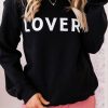 Black LOVER Letter Print Crew Neck Pullover Sweatshirt