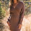 Khaki Textured V Neck Wrap Sweater Dress