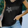 Black Rhinestone Star Lace Crochet Short Sleeve T Shirt