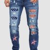 Sky Blue Star Shape Flag Print Patched Mens Distressed Jeans