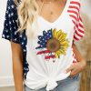 White American Flag Sunflower Color Block V Neck T Shirt