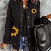 Black Sunflower Print Button Up Distressed Denim Jacket