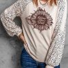 Khaki Letter Sunflower Print Leopard Color Block Long Sleeve Top