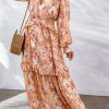 Apricot Frill Trim Cutout Waist Long Floral Dress