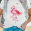 White Flamingo Splash Ink Print Crew Neck Graphic Tee