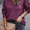 V Neck Ribbed Drop Shoulder Hooded Sweater