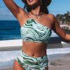 Green Abstract Print Chain Decor One Shoulder Bikini Set