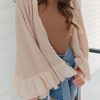 Apricot Waffle Knit Bell Sleeve Ruffled Open Front Cardigan