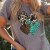 Gray Cowhide Leopard Turquoise Trio Heart Graphic Tee