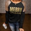 Black MERRY Christmas Sequin Patchwork Long Sleeve Top