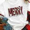 White MERRY Plaid Leopard Print Short Sleeve T Shirt