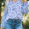 Blue Floral Print V Neck Long Puff Sleeve Top