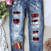 Sky Blue Christmas Tree Plaid Splicing Distressed Boyfriend Jeans