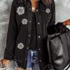 Black Laser Etching Daisy Pattern Distressed Denim Jacket