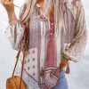 Beige Boho Printed Sheer Puff Sleeve Blouse