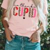 Pink CUPID Letter Leopard Print Short Sleeve Graphic T Shirt