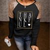 Black THANKFUL Heart Print Sequin Patchwork Long Sleeve Top