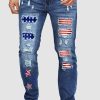 Sky Blue Patriot Stars And Stripes Patchwork Mens Distressed Jeans