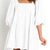 White Square Neck Half Sleeve High Low Mini Dress