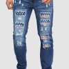 Sky Blue Stars And Stripes Patches Mens Distressed Jeans