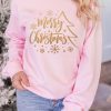 Pink Merry Christmas Snowflake Glitter Print Pullover Sweatshirt