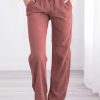 Pink Drawstring Elastic Waist Pockets Long Straight Legs Pants