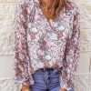 Multicolor Floral Print V Neck Long Puff Sleeve Top