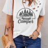 White Happy Campers Pattern Print Ripped Short Sleeve T Shirt