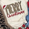 Khaki MERRY Christmas Hat Print Crew Neck Graphic Tee