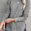 Gray Crew Neck Ribbed Trim Waffle Knit Top