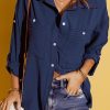 Blue Solid Pocket Long Sleeve Button-up Shirt