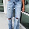 Sky Blue Washed Ripped Wide Leg High Waist Jeans