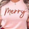 Pink Merry Glitter Pattern Print Crew Neck T Shirt