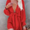 Red Tie Knot Puff Long Sleeve Romper