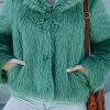 Green Collared Side Pockets Winter Fuzzy Coat