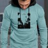 Blue Slim-fit Pocket Color Block Men's Graphic Hoodie