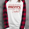 White Merry Christmas Print Buffalo Plaid Sleeve Sweatshirt