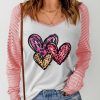 Pink Sheer Striped Sleeve Valentine's Day Leopard Heart Print Top